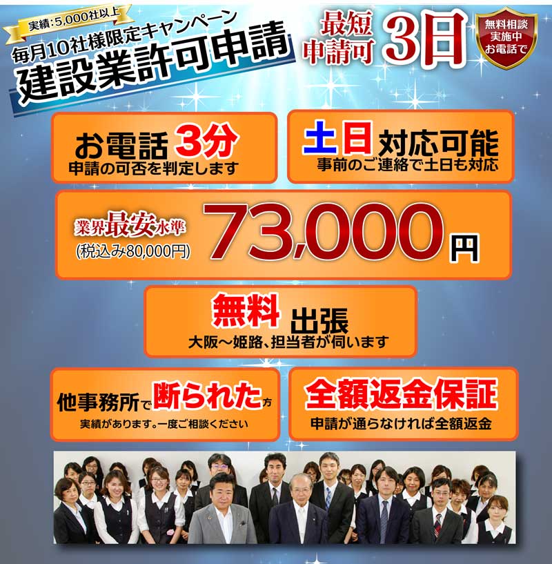 毎月10社限定。最短3日で建設業許可申請。15万円が8万円にプライスダウン。