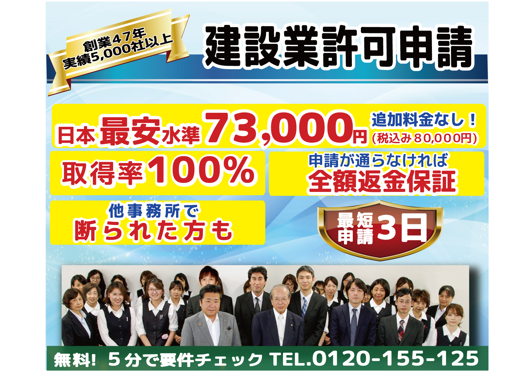 建設業許可申請　日本最安水準73,000円